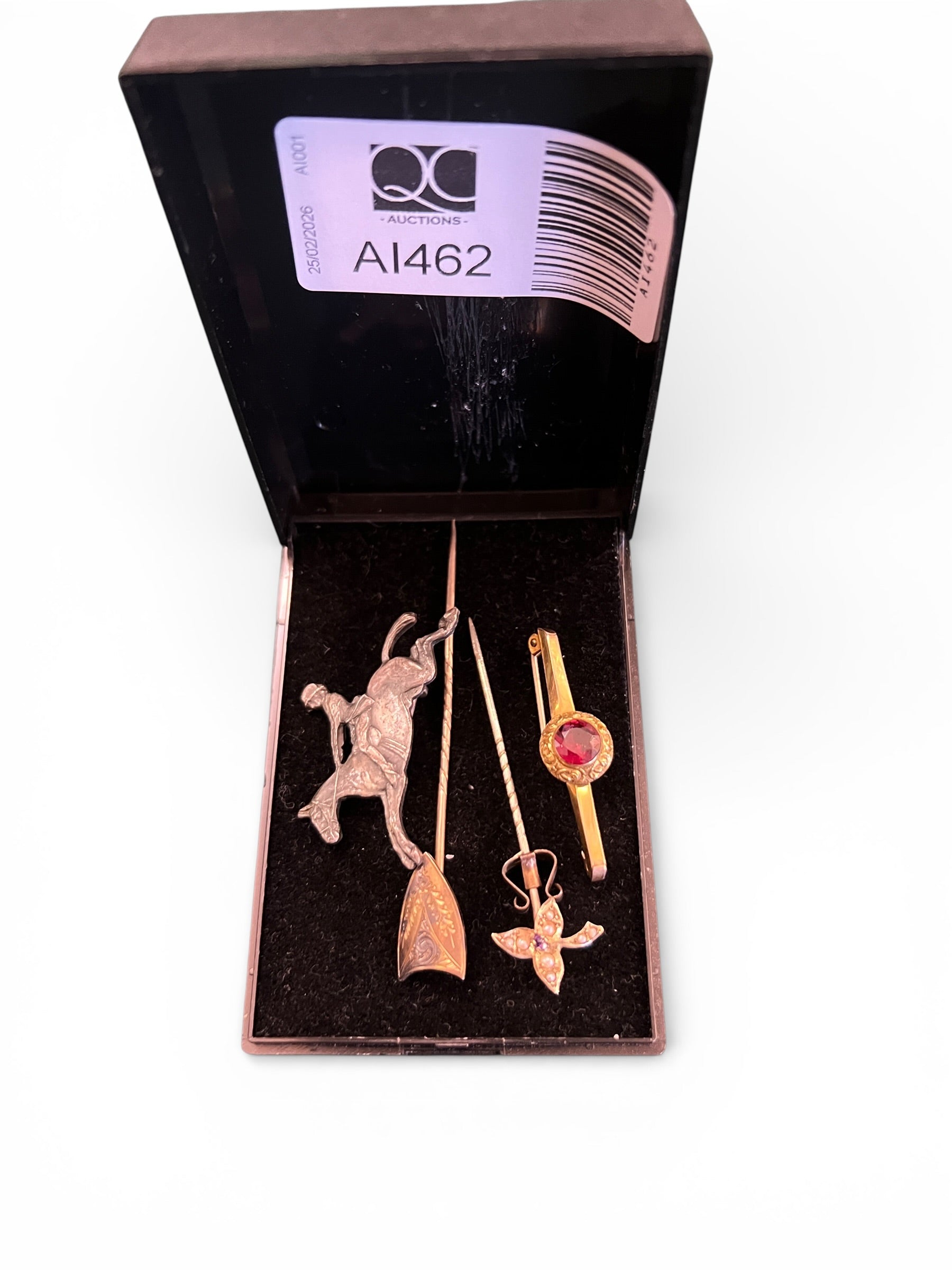 Mixed Lot Including a Silver Horse Brooch, Two Gold-Coloured Stick Pins and a 9ct Gold Brooch with Garnet