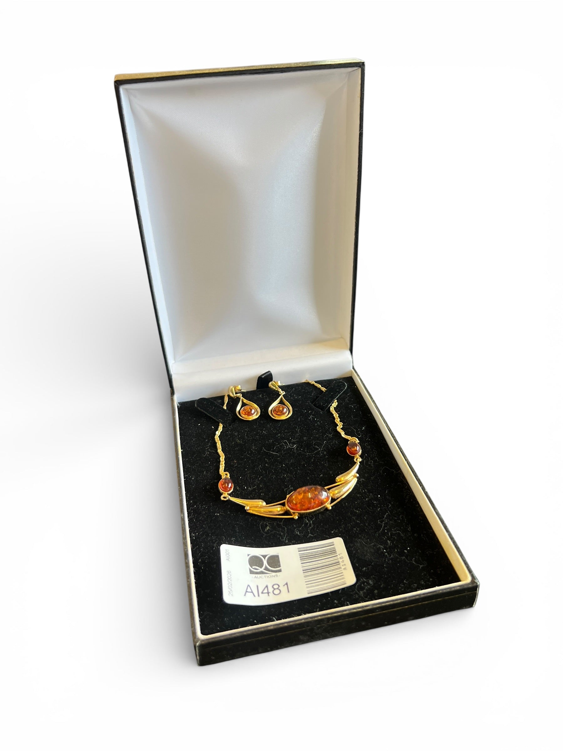 Gold-on-Silver Amber Earring and Necklace Set