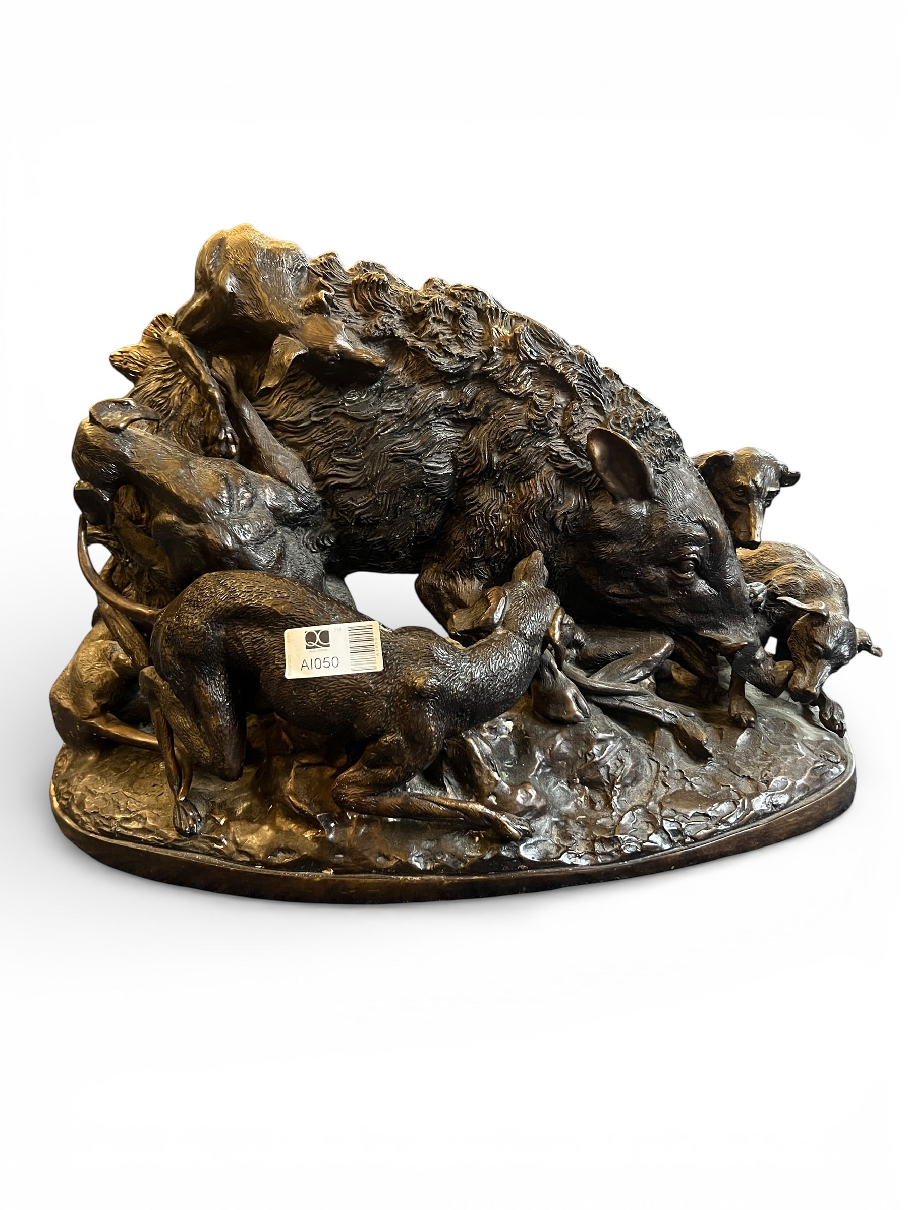 Victorian-Style Bronze of Five Hounds Attacking a Wild Boar – 20" (L) x 11" (W)