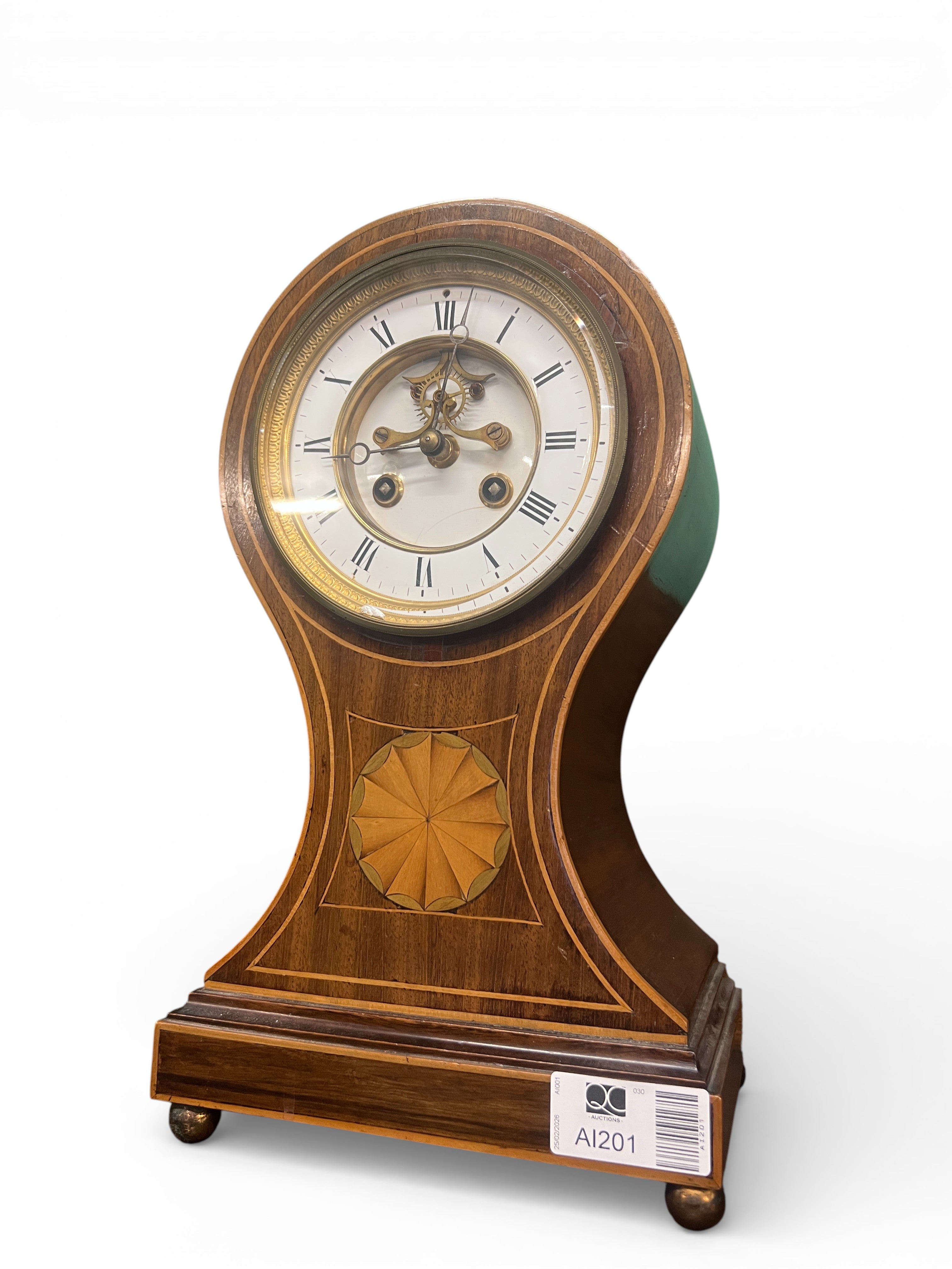 Antique Mahogany Inlaid Balloon Clock with Enamel Dial